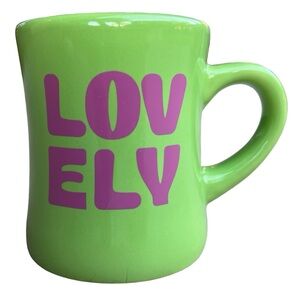 “LOVELY” Neon Green w Pink Mug Retro Pop Art Coffee Cup Kitsch Cute Mod Gift MCM